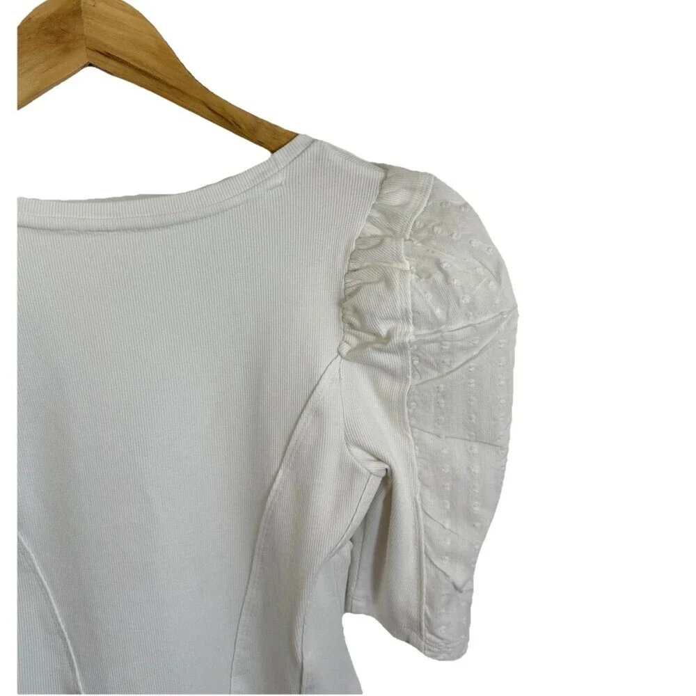 By Anthropologie Puff-Sleeve Structured V-Neck Tee Blouse T-Shirt Ribbed XS